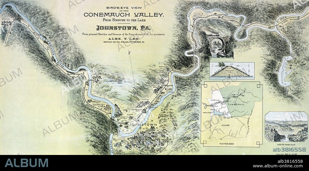 Map of the Johnstown vicinity showing the route of the waters of the Johnstown Flood of 31 May 1889 and the devastated areas resulting from them. The Johnstown Flood (or Great Flood of 1889 as it became known locally) occurred on May 31, 1889. It was the result of the catastrophic failure of the South Fork Dam situated on the Little Conemaugh River 14 miles upstream of the town of Johnstown, Pennsylvania, made worse by several days of extremely heavy rainfall. The dam's failure unleashed a torrent of 20 million tons of water from the reservoir known as Lake Conemaugh. The flood killed 2,209 people and caused $17 million in damages. It was the first major disaster relief effort handled by the new American Red Cross, led by Clara Barton. Support for victims came from all over the United States and 18 foreign countries. After the flood, survivors suffered a series of legal defeats in their attempts to recover damages from the dam's owners, prompting the development in American law changing a fault-based regime to strict liability.