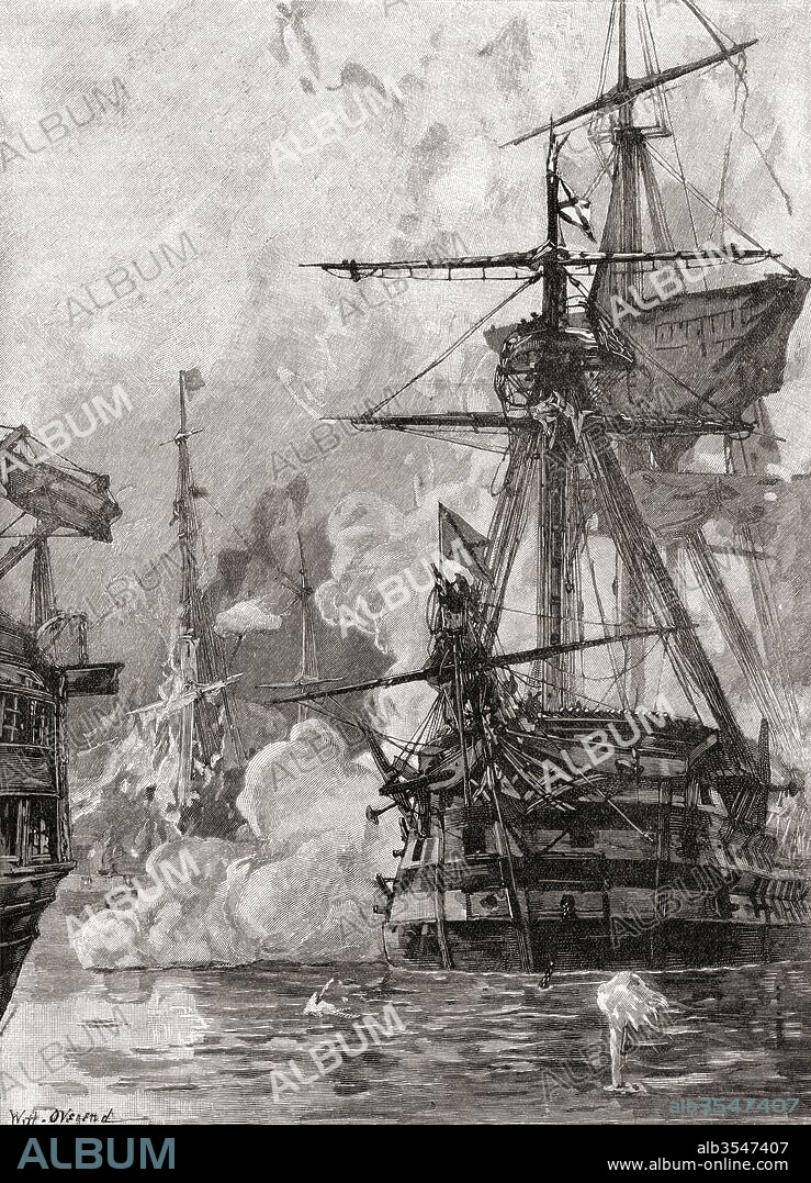 The Battle of Sinop, or Sinope, 30 November 1853, Sinop, Anatolia, Turkey. A squadron of Imperial Russian warships struck and annihilated a squadron of Ottoman ships anchored in the harbor during The Crimean War. From The Century Edition of Cassell's History of England, published c. 1900.
