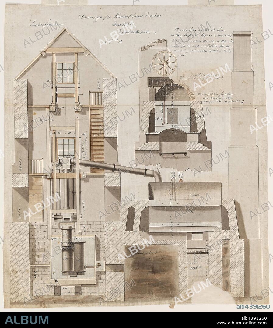 Engineering Drawing - James Watt, Arrangement for Wanlockhead Engine & Steam Boiler, Sheet No.4, Jun 1785, Hand-coloured ink and watercolour drawing showing a general arrangement and cross-sections for an atmospheric condensing beam pumping engine and associated steam boiler designed by James Watt and supplied by the firm Bolton & Watt, of Birmingham, to the Margaret Mine, at Wanlockhead, Scotland, in 1785-86. Scale: 1/3 inch to 1 foot. The drawing is part of a set of technical drawings supplied by.