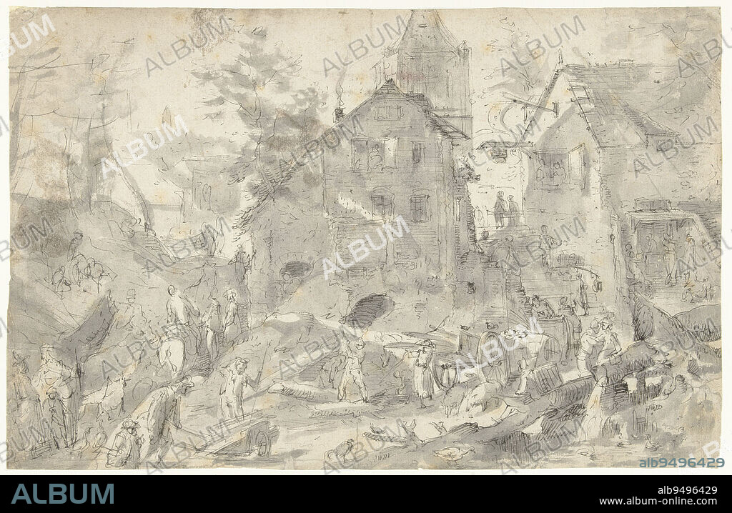 View of a village with animals and working figures, draughtsman: Pieter Stevens (II), 1577 - 1624, paper, pen, brush, h 202 mm × w 312 mm.