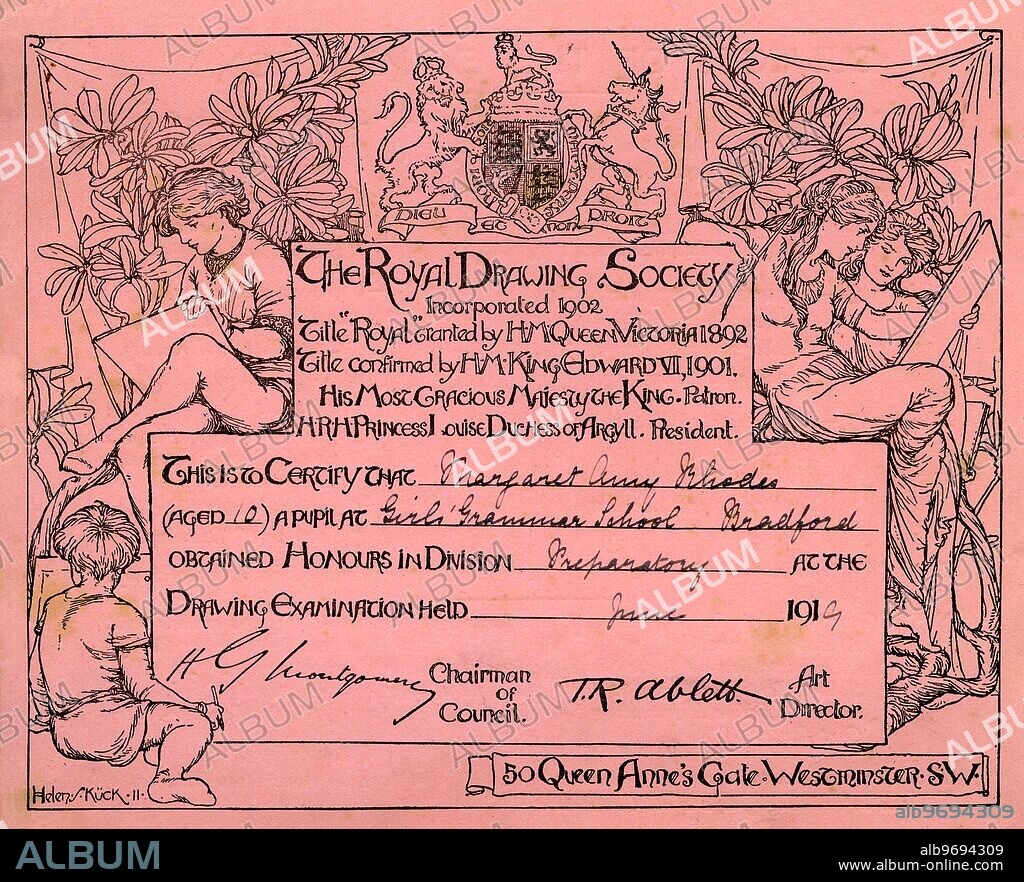 Royal Drawing Society Certificate awarded for Art in 1919. Bradford Girls Grammar School.
