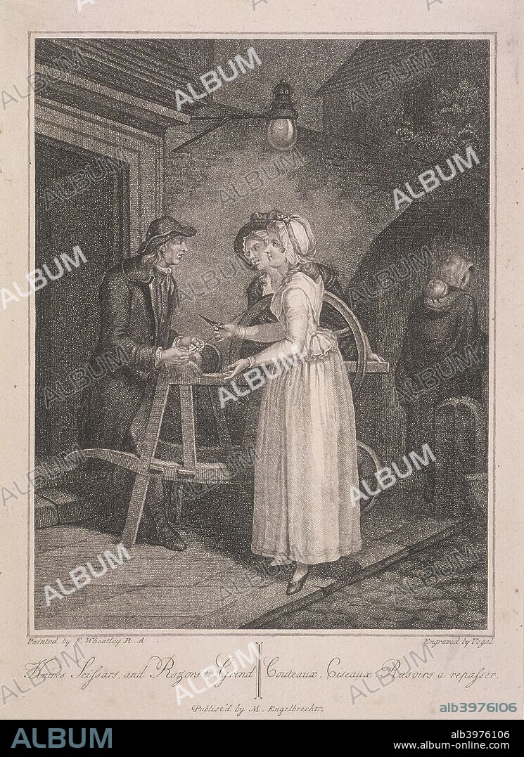 'Knives Scissars and Razors to Grind'. A knife grinder beneath a lamp in the street with two women, one of whom holds a pair of scissors to be sharpened. From Cries of London, c1795.