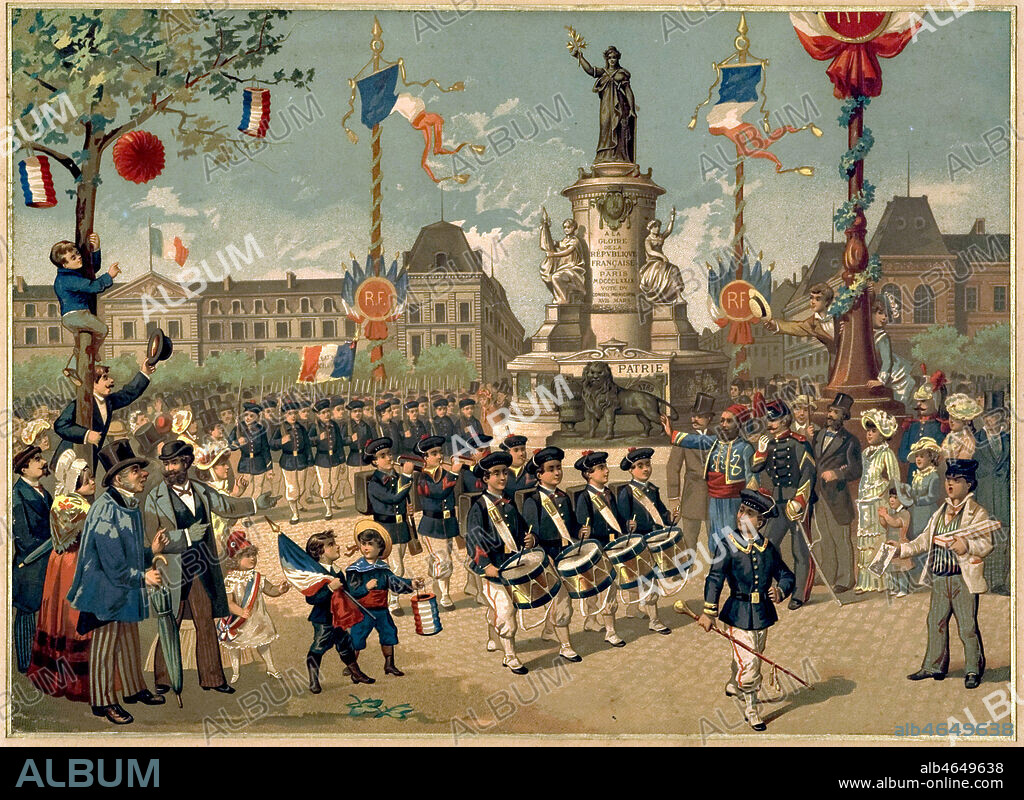 Inauguration de la statue de la place de la REPUBLIQUE (realisee par le sculpteur Leopold MORICE (1846-1919) le 14 Juillet 1883 avec defile militaire de bataillons scolaires. 19eme siecle. Illustration anonyme, chromolithographie. Credit : Collection IM/KHARBINE-TAPABOR.