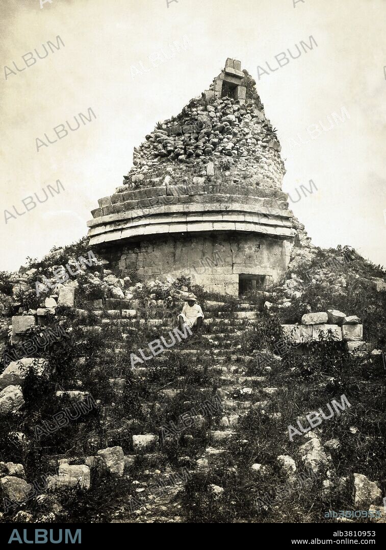 View of the observatory at at Chichen Itza, known as El Caracol (the snail) for its interior spiral staircase. The structure, with its unusual placement on the platform and its round shape (the others are rectangular, in keeping with Maya practice), is theorized to have been a proto-observatory with doors and windows aligned to astronomical events, specifically around the path of Venus. Chichen Itza was a large pre-Columbian city built by the Maya civilization. The archaeological site is located in the municipality of Tinum, in the Mexican state of Yucatan. The Maya their highest state of development during AD 250 to 900. Photographed by DÃ©sirÃ© Charnay (1828-1915) in 1882.