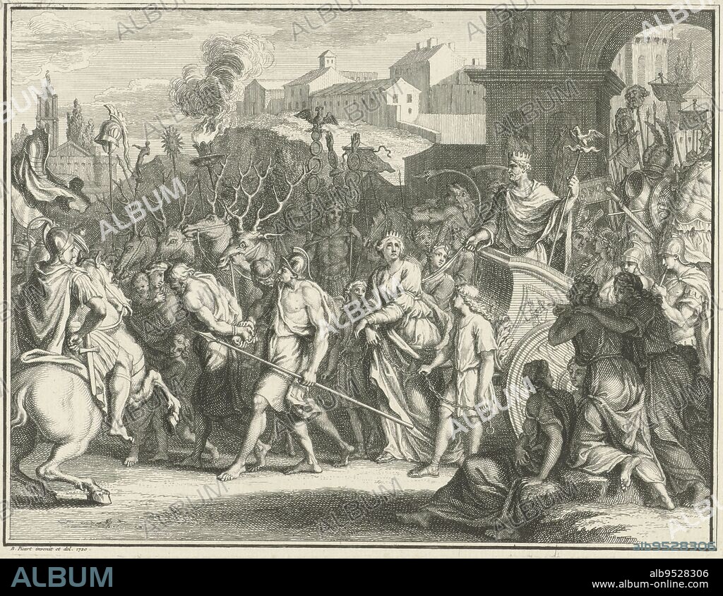 Emperor Aurelian riding in his chariot of triumph, pulled by deer. He triumphs over the chained Zenobia, queen of Palmyra. He carries her and Tetricus to Rome to show them to the people. Triumphal entry of Emperor Aurelian in 274, print maker: Bernard Picart, (workshop of), intermediary draughtsman: Bernard Picart, (mentioned on object), Amsterdam, 1720, paper, etching, engraving, h 150 mm × w 192 mm.