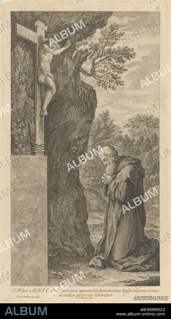 St. Nil, Print made by Francesco Bartolozzi RA, 17281815, Italian, active in Britain (176499), after Niccolo Vanni, active 17501770, Italian, after Domenichino Zampieri, 15811641, Italian, 1762, Etching on medium, moderately textured, beige laid paper, Sheet: 19 9/16 x 12 15/16 inches (49.7 x 32.8 cm), Plate: 17 7/8 x 9 15/16 inches (45.4 x 25.3 cm), and Image: 16 7/16 x 8 15/16 inches (41.8 x 22.7 cm), angel, blessing, Christianity, cloak, costume, cross (motif), crucifix, death, gesture, halos, kneeling, nails, portrait, prayer, praying, religious and mythological subject, religious symbolism, robe, saint, St. Nil (c. 1433-1508), trees, worship.