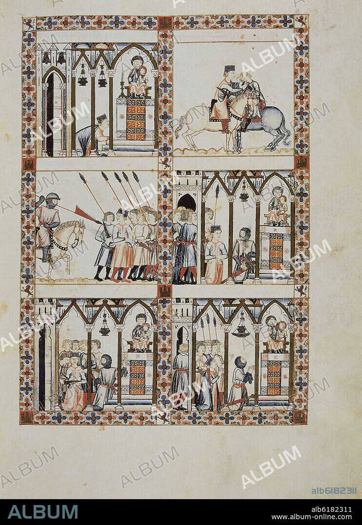 ALFONSO X OF CASTILE THE WISE. MS B.R.20 - CANTIGA DE SANTA MARIA Nº207 - F19R - CABALLERO APRESA ASESINO DE SU HIJO Y LO LIBERA - SIGLO XIII.