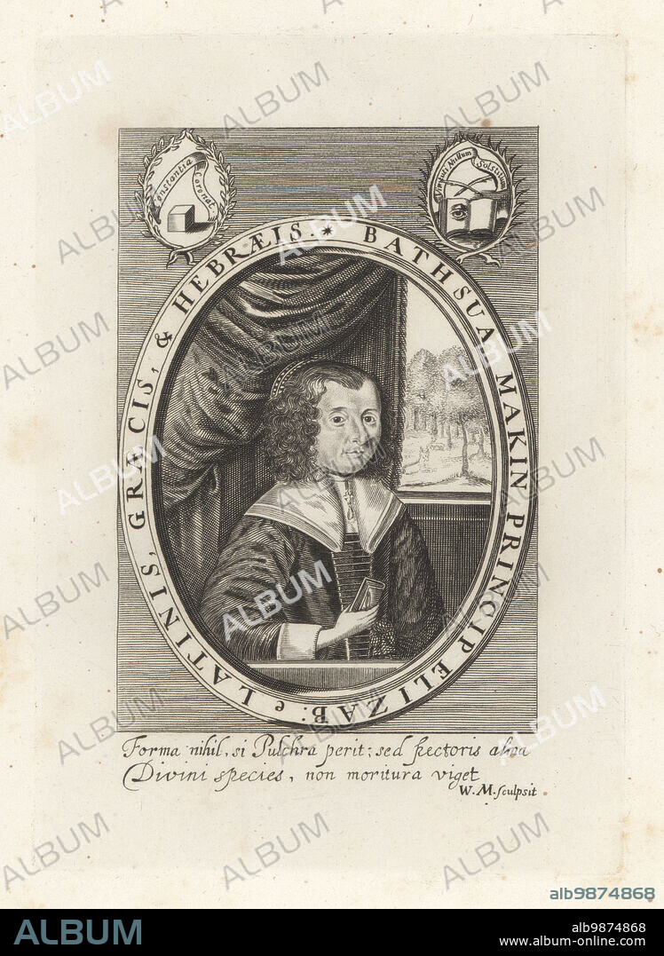 Bathsua Reginald Makin, c.1600-1675, English woman teacher, linguist and feminist. Critic of woman's position in the domestic and public spheres in 17th-century England. Skilled in Greek, Latin, Hebrew, German, Spanish, French and Italian. Bathsua Makin Princip Elizab Latinis Graecis & Hebraeis. Fascimile from an almost unique print by William Marshall. Copperplate engraving from Samuel Woodburns Gallery of Rare Portraits Consisting of Original Plates, George Jones, 102 St Martins Lane, London, 1816.