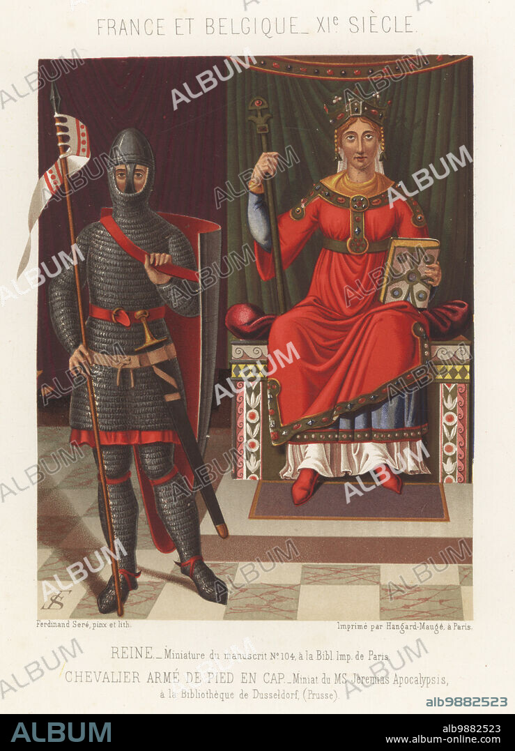 Queen on throne with jeweled crown, Bible and sceptre, from a miniature in MS 104, Bibliotheque Imperiale de Paris. Knight in full suit of chainmail armour, hauberk and trousers, with banner, sword, buckler and conical helmet, from the Jeremias Apocalypsis manuscript in Dusseldorf Library. Costumes of France and Belgium, 11th century. Reine, Chevalier Arme de pied en cap, France et Belgique XIe Siecle. Chromolithograph by Ferdinand Sere from Charles Louandres Les Arts Somptuaires, The Sumptuary Arts, Hangard-Mauge, Paris, 1858.