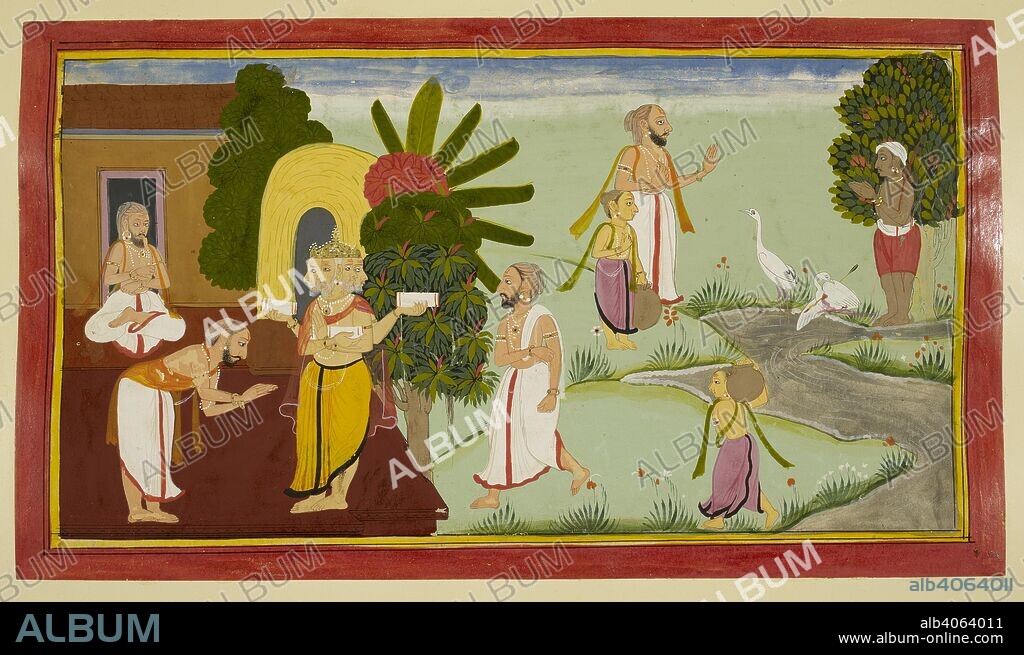 Killing of the Krauncha birds. Ramayana, Bala Kanda. Udaipur, 1712. Upon returning to the ashrama after seeing the killing of the Krauncha birds, Valmiki goes into deep meditation. Brahma appears before him.  Image taken from Ramayana, Bala Kanda.  Originally published/produced in Udaipur, 1712. . Source: Add. 15295, f.6. Language: Sanskrit.