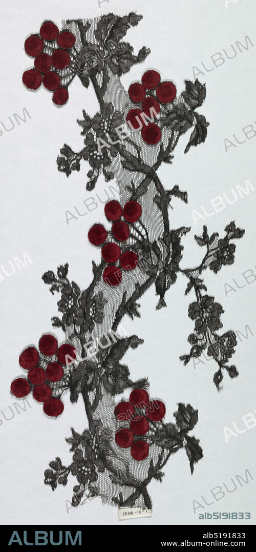Fragment, Medium: linen, velvet Technique: machine made lace with velvet applique, Fragment of black lace in design of rose branch with flowers, leaves and fruit. Fruit in dark red velvet applique., France, ca. 1890, lace, Fragment.