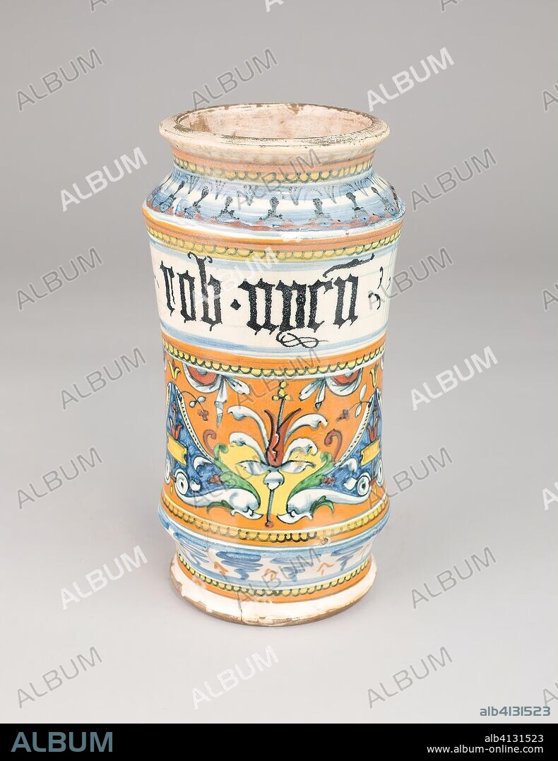 Apothecary Jar (Albarello). Italian, Siena. Date: 1505-1525. Dimensions: H: 23.9 cm (9 3/8 in.); diameter: 12.1 cm (4 3/4 in.). Tin-glazed earthenware (maiolica). Origin: Siena.