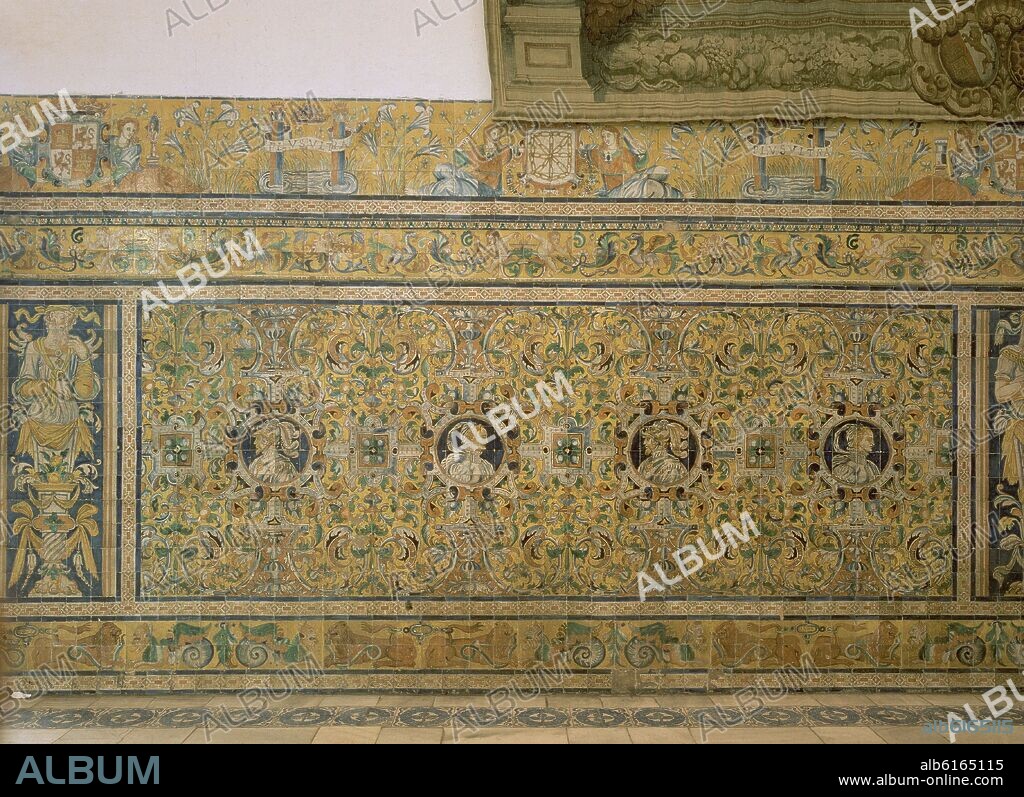 CRISTÓBAL DE AUGUSTA. PANELES DE AZULEJOS DE LA SALA DE LAS FIESTAS DEL PALACIO GOTICO DEL ALCAZAR DE SEVILLA - SIGLO XVI.