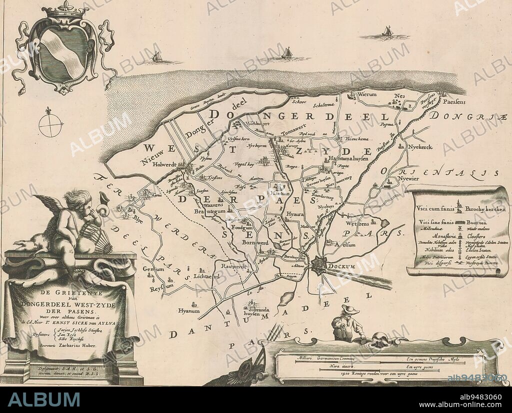 Map of the Westdongeradeel district, De grietenye van Dongerdeel west-zyde der Pasens (title on object), Top left the arms of Westdongeradeel, bottom left cartouche with title and administrative information about the district. Legend in the middle right, two scale bars at bottom right: Milliare Germanicum commune / A mean Duytsche myle, Hora itineris / An uyre gaens - 1400 kings rods for an uyre gaens., print maker: Jacob van Meurs, (possibly), Bernardus Schotanus à Sterringa, (mentioned on object), Sjoerd Aetesz. Haacma, (mentioned on object), print maker: Amsterdam, Friesland, Friesland, Friesland, 1664, paper, engraving, height 282 mm × width 370 mm.