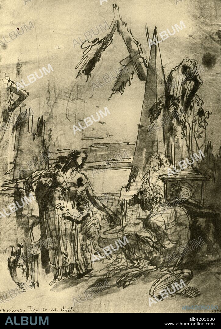 'Capriccio', mid 18th century, (1928). Pen with wash on paper. At one time known to have been in the University Collection, Würzburg, Germany. Italian Venetian painter and printmaker Lorenzo Tiepolo (1736-1776) was the son of artist Giovanni Battista Tiepolo, and younger brother of Giovanni Domenico Tiepolo. Illustration from The Drawings of Giovanni Battista Tiepolo, Volume II, by Detlev Baron Von Hadeln. [The Pegasus Press, Paris, 1928].