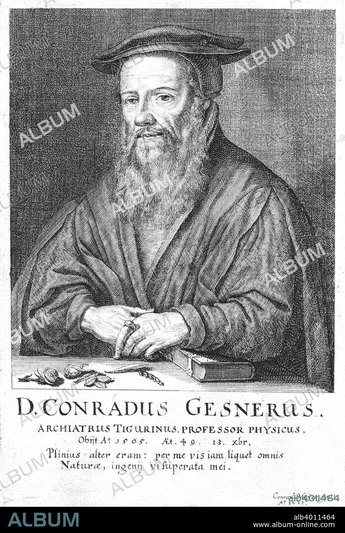 Conrad Gesner, 16th century Swiss physician and naturalist,[1662]. Gesner (1516-1565) practiced in Zurich until he died of plague. Engraving by Conrad Meyer (1618-1689) from a series of portraits of fellow citizens of Zurich.