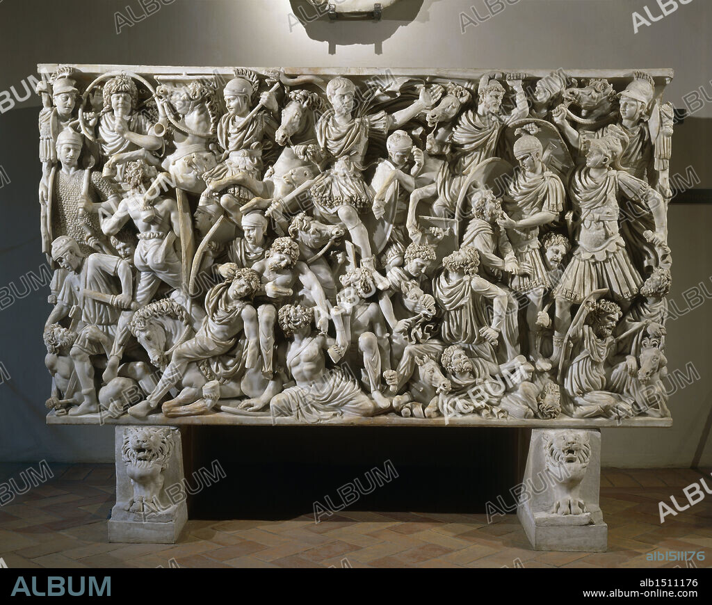 Roman civilization, 3rd century A.D. Grande Ludovisi sarcophagus, front marble relief depicting a battle between Romans and Ostrogoths, 260 circa.