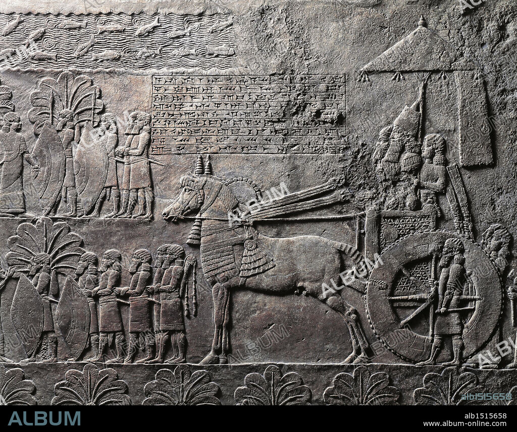 Assyrian civilization, 7th century b.C. Relief depicting triumph of king Ashurbanipal. From Nineveh, Iraq. Detail.