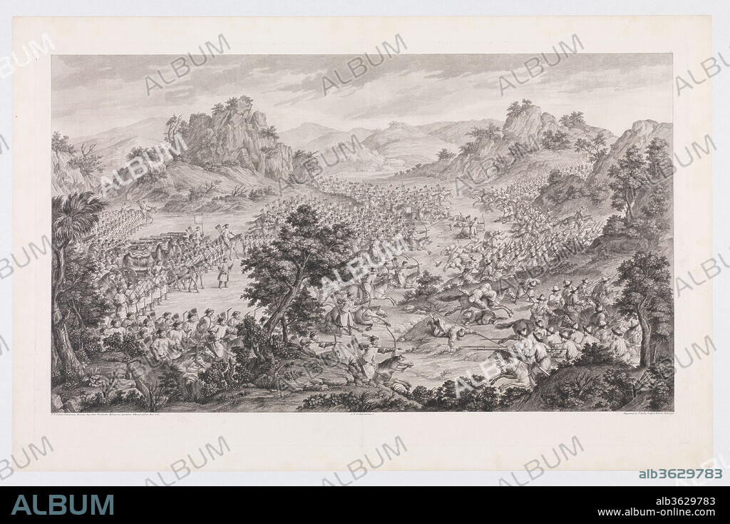 The Great Victory of Qurnam. Artist: Augustin de Saint-Aubin (French, Paris 1736-1807 Paris); (direxit) Charles Nicolas Cochin II (French, Paris 1715-1790 Paris); after Giovanni Damasceno Salusti (1727-1781). Dimensions: Sheet: 39 5/8 × 25 13/16 in. (100.7 × 65.5 cm)
Plate: 37 1/16 × 22 11/16 in. (94.1 × 57.7 cm). Series/Portfolio: The Conquests of the Emperor of China
(Les Conquêtes de l'Empereur de la Chine). Date: 1770.
The event shown is the 1759 battle of Qurnam in which Qing troops defeat the enemy at the end of the Qianlong Emperor's East Turkestan campaign.
Part of a set of sixteen, "The Great Victory of Qurnam" was commissioned by the Qianlong Emperor in 1765 to commemorate Manchu victories (1755-59) over the Eleuths, the Dzungars, and other Central Asian peoples in the present-day region of Xinjiang. Made under the direction of Charles-Nicolas Cochin (1715-1790), the prints, which follow reduced-scale copies of paintings by Jesuit artists working in Beijing, were etched and engraved in France from 1767 to 1774 by the finest printmakers at the court of Louis XV. The Chinese merchants of Canton (present-day Guangzhou) paid for the copper plates and two hundred sets of prints to be delivered to China, with only a few sets retained in Paris.
The prints exemplify the fusion of Eastern and Western representational styles fostered within the Qing imperial painting academy. The European technique of chiaroscuro-the modeling of forms through the use of light and shading-has been visibly tempered, as has the use of one-point perspective. Instead, the scenes present panoramic views and strongly up-tilt ground planes. At the same time, howevery, they reflect European preferences for anatomical accuracy, a single light source, and the mathematically correct reduction of scale to create the illusion of recession.