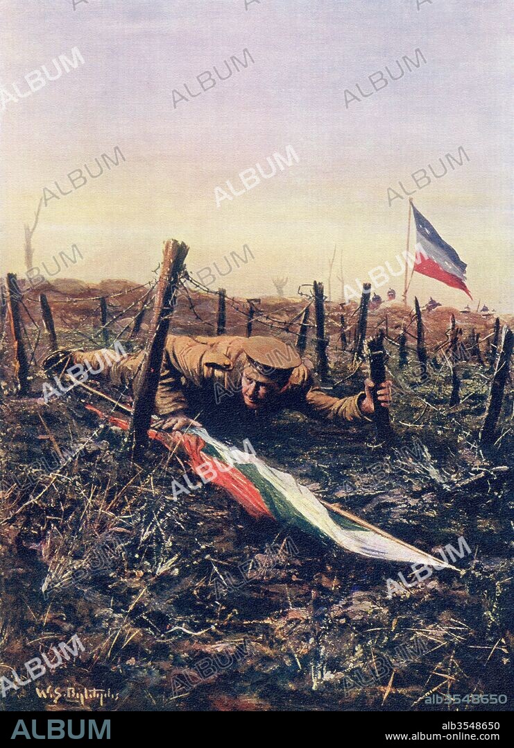 Corporal W.H. Lappin returning to his trench after capturing a Bulgarian flag from the German enemy, Yser Canal, West Flanders, Belgium,1915. He was awarded the D.C.M. for this and other brave deeds. After a painting by W.S. Bagdatopulos. From Deeds That Thrill The Empire, published 1919.