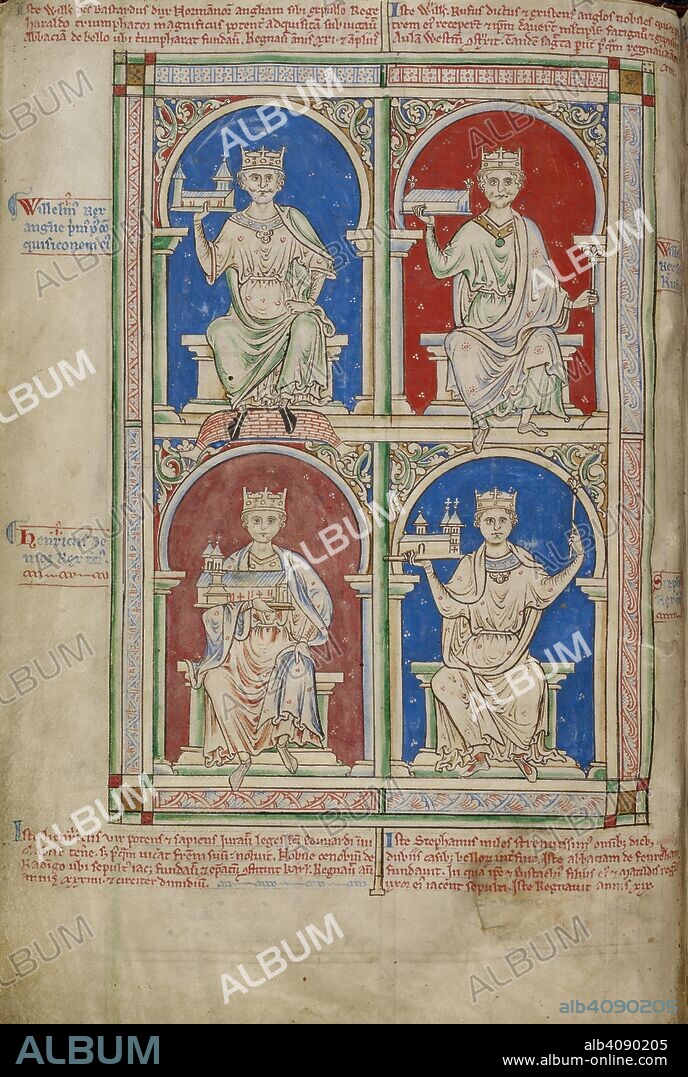 MATTHEW PARIS. Imaginary portraits of four Kings of England holding models of churches: above, William the Conqueror and William Rufus; below, Henry I and Stephen. Historia Anglorum. England (St Albans), 1250-1259. Source: Royal 14 C. VII, f.8v. Language: Latin.
