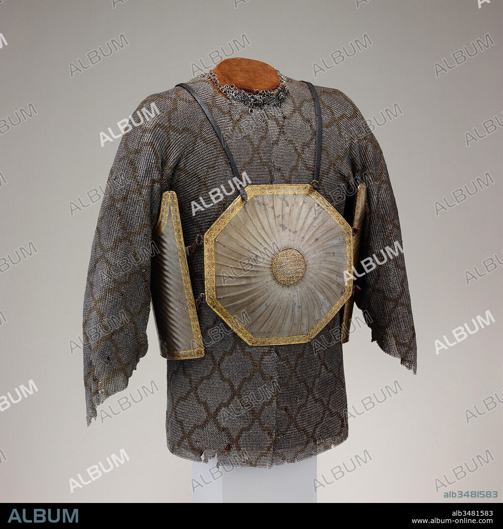 Cuirass (Char-aina), 17th–early 18th century, Persian, Safavid, Steel, iron, gold, leather, textile (wool), Breast- and backplates: 11 x 11 in. (28 x 28 cm); side plates: 11 5/8 x 6 1/8 in. (29.5 x 15.5 cm); Wt. 6 lb. 8 oz. (2948 g), Armor Parts-Cuirasses, This exceptionally fine cuirass of crucible ('watered') steel is unusual in its use of octagonal plates decroated with fluting. The edges and central bosses are damascened in gold with Koranic inscriptions.