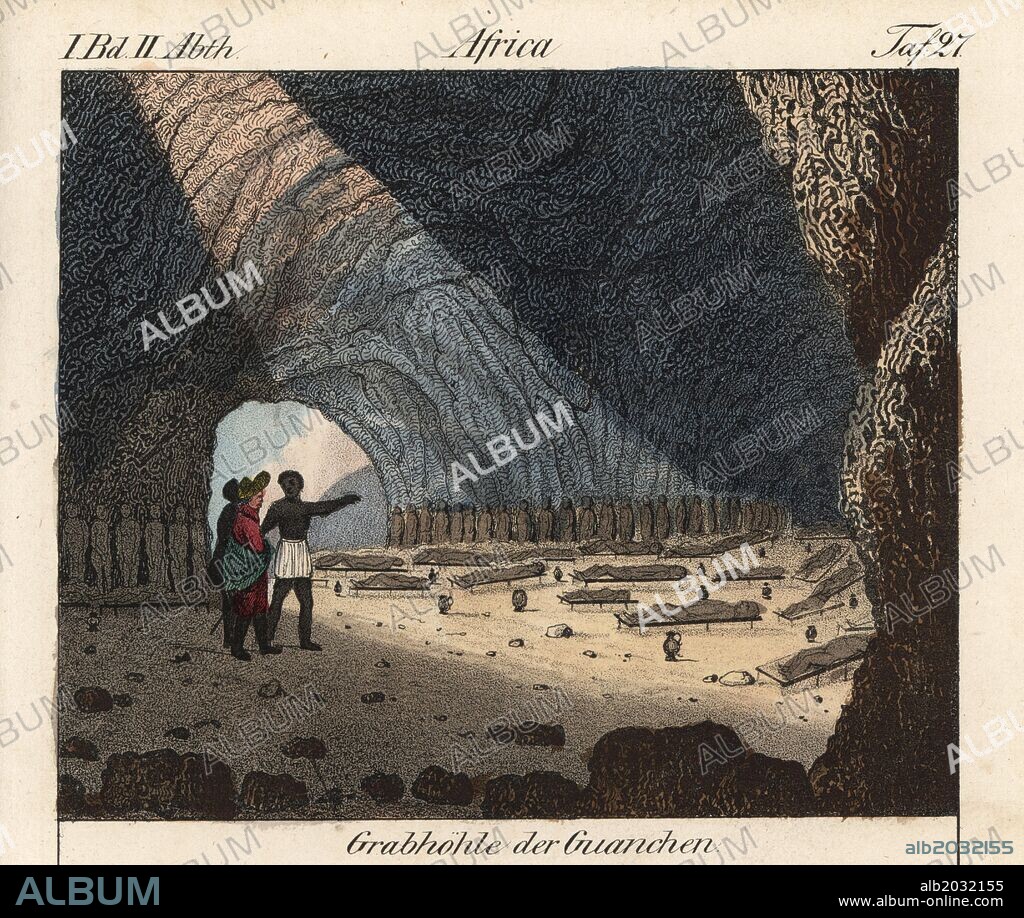 Sepulchral cave with mummies of the Guanche (aboriginal Berber) people on the Canary Islands. Handcoloured lithograph from Friedrich Wilhelm Goedsche's "Vollstaendige Völkergallerie in getreuen Abbildungen" (Complete Gallery of Peoples in True Pictures), Meissen, circa 1835-1840. Goedsche (1785-1863) was a German writer, bookseller and publisher in Meissen. Many of the illustrations were adapted from Bertuch's "Bilderbuch fur Kinder" and others.
