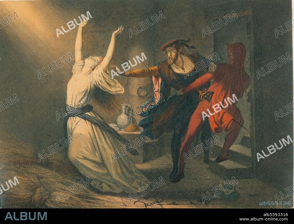 Goethe, Johann Wolfgang von. 1749-1832. Werke: Faust (1808). "Gretchen im Gefängnis". (Schlußszene). Illustration, 1845/46, von Josef Fay. (1813-1875). Lithographie, koloriert, 14,3 × 20 cm. Berlin, Sammlung Archiv für Kunst und Geschichte.