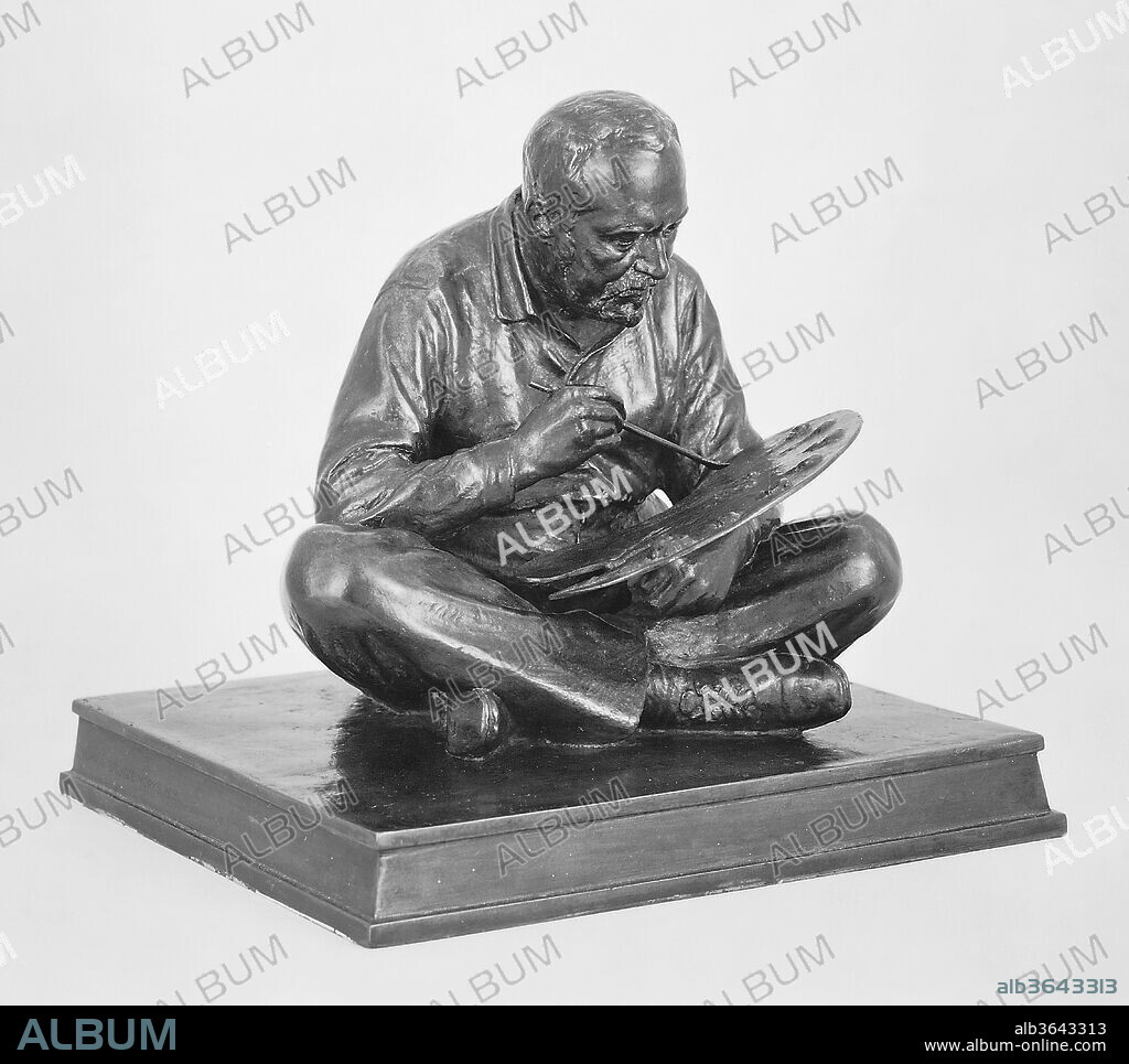Thomas Eakins. Artist: Samuel Aloysius Murray (American, Philadelphia, Pennsylvania 1869-1941 Philadelphia, Pennsylvania). Dimensions: 9 x 9 1/4 x 8 1/2 in. (22.9 x 23.5 x 21.6 cm). Date: 1907; cast 1923.
Thomas Eakins (1844-1916) was an instructor at the Art Students' League of Philadelphia during the winter of 1886-87, when Murray enrolled as a student. The two men shared a studio from 1892 to 1900 and portrayed many of the same people in their works. In this diminutive statuette, Eakins is shown seated cross-legged on the floor in the process of painting The Agnew Clinic (1889; University of Pennsylvania, Philadelphia), a canvas so large it could not fit on an easel.