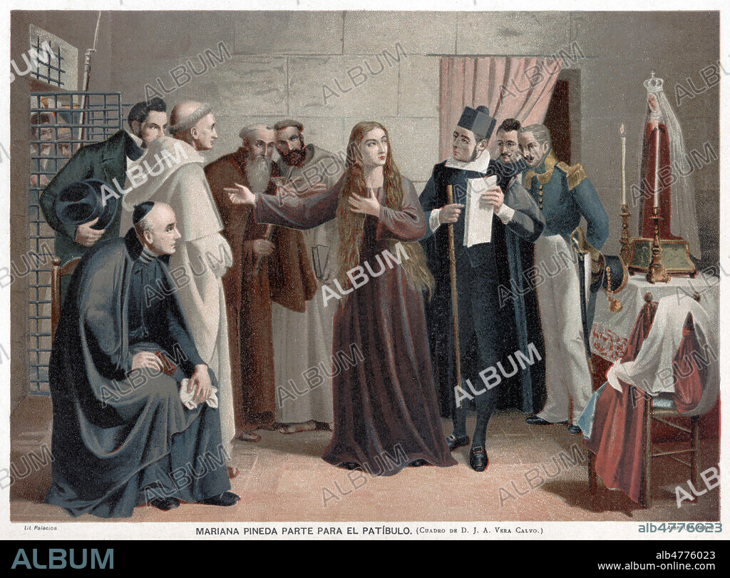Mariana PINEDA (1804-1831) partant pour l'echafaud pour mourir garotee le 26 mai 1831 pour ne pas avoir dnonce ses amis. Illustration d'apres le tableau de 1862 de Juan Antonio VERA CALVO pour Historia des Espana vers 1885. Credit : Coll. Jonas/Kharbine-Tapabor.