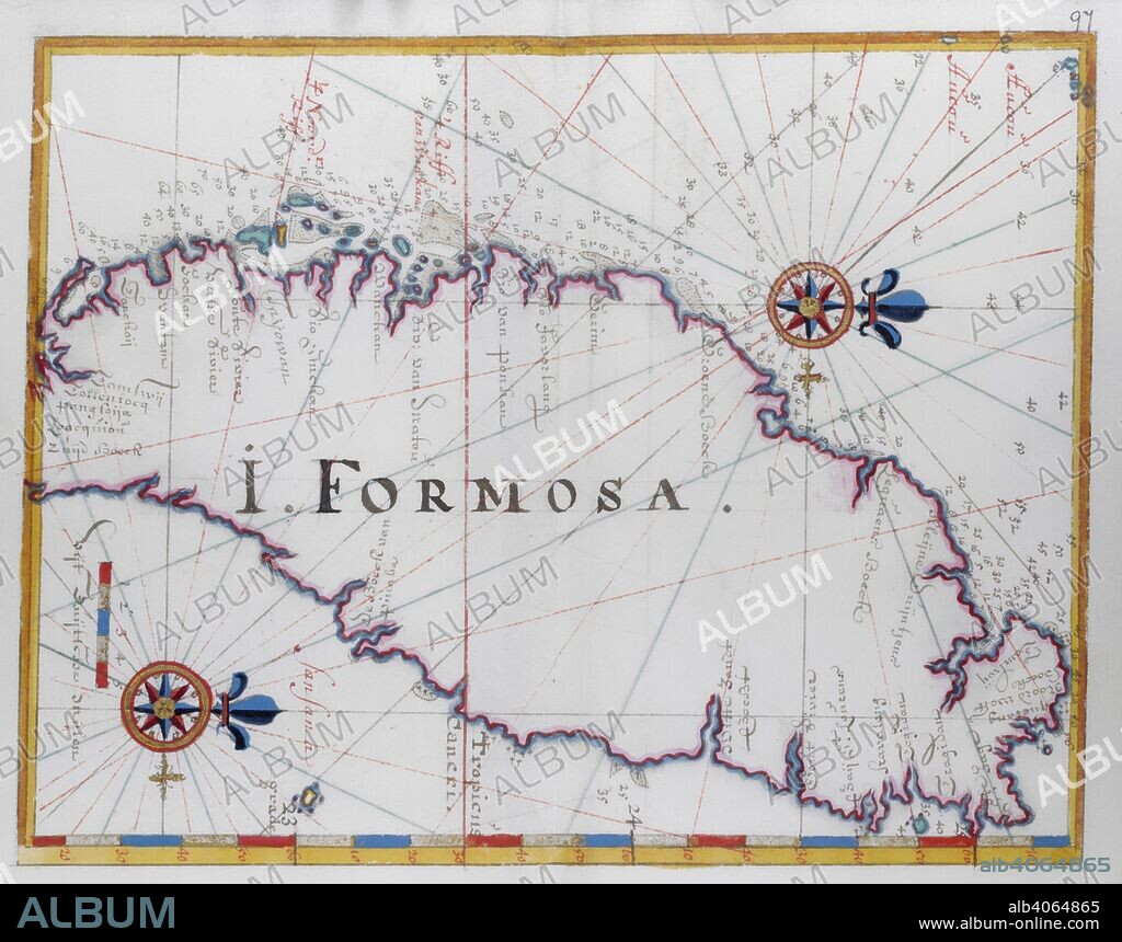 Island of Formosa (Taiwan). DUTCH PORTOLANO, containing forty-nine coloured maps and views. 17th century. Source: Add. 34184, f.96.