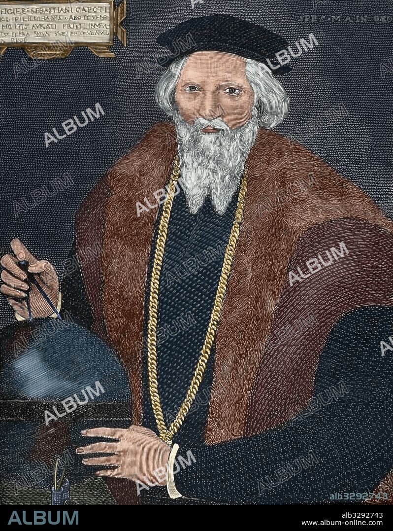 CABOT, Sebastián o CABOTO, Sebastiano (Venecia, 1477-Londres, 1557). Navegante veneciano. En 1497 descubrió Terranova a la que llamó "Tierra del Bacalao" y en 1517 entró en el estrecho y bahía de Hudson. Grabado del siglo XIX realizado por Capuz. Coloreado.