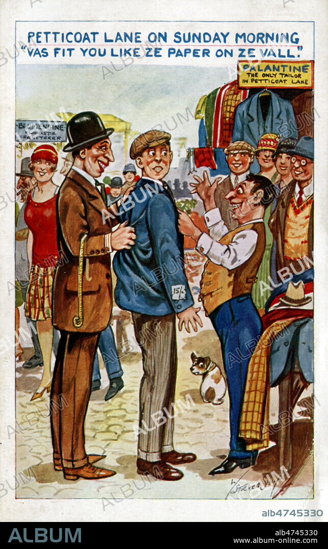 Vendeur juif dans le quartier de Petticoat Lane, a Londres, lors du marche du dimanche matin. Caricature antisemite vers 1920. credit : Collection Jewish Memories/Kharbine-Tapabor.
