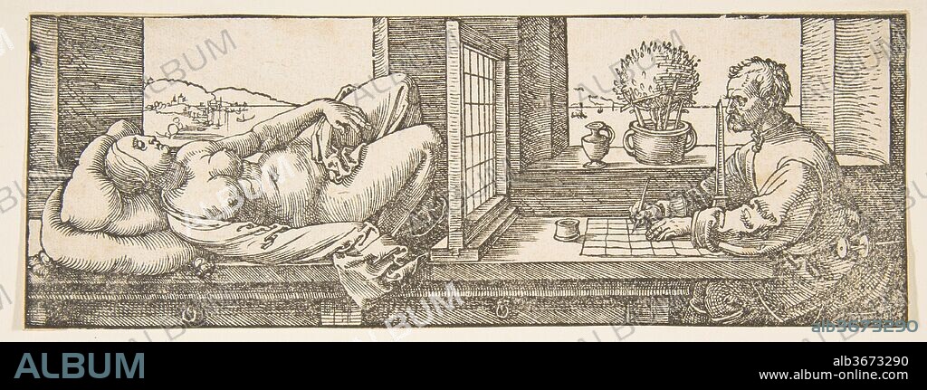 ALBRECHT DÜRER. Draughtsman Making a Perspective Drawing of a Reclining Woman. Artist: Albrecht Dürer (German, Nuremberg 1471-1528 Nuremberg). Dimensions: sheet: 3 1/16 x 8 7/16 in. (7.7 x 21.4 cm). Date: ca. 1600.