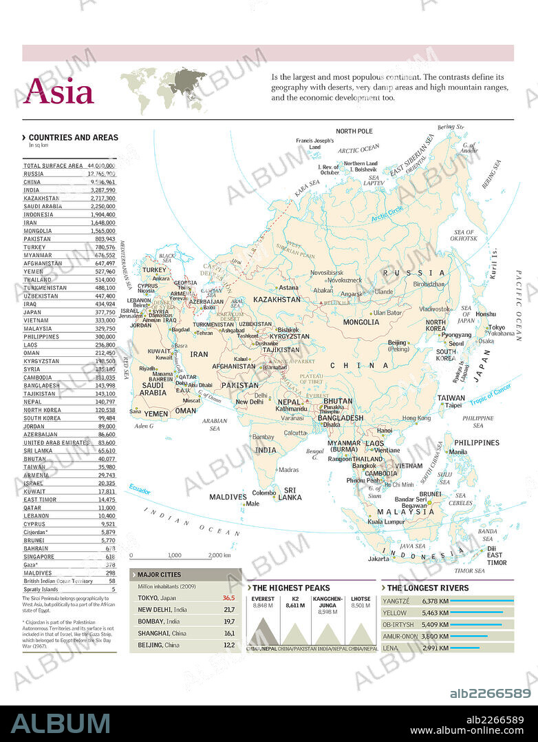 ASIA. Mapa político y físico de Asia, con datos de superficie de todos los países y de las principales ciudades, cumbres y ríos.