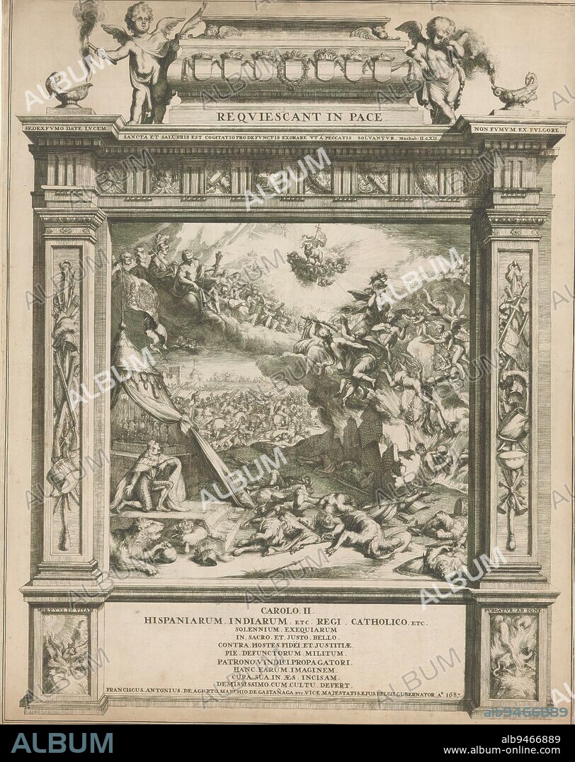 Ascension of the Spanish soldiers who die fighting the Turks, 1687, Ascension of the Spanish soldiers who die fighting the Turks, 1687. On the left, Spanish King Charles II kneels in his army tent watching as angels pick up the soldiers' bodies from hell and bring them to heaven. Representation centered in a monumental frame with trophies of arms, weeping putti and allegorical scenes. Below text showing that the print was commissioned by the Marquis de Gastañaga, governor of the Spanish Netherlands., print maker: Romeyn de Hooghe, (attributed to), Karel II (koning van Spanje), (mentioned on object), Francisco Antonio de Agurto (markies van Gastañaga), (mentioned on object), Northern Netherlands, 1687, paper, etching, height 598 mm × width 470 mm.