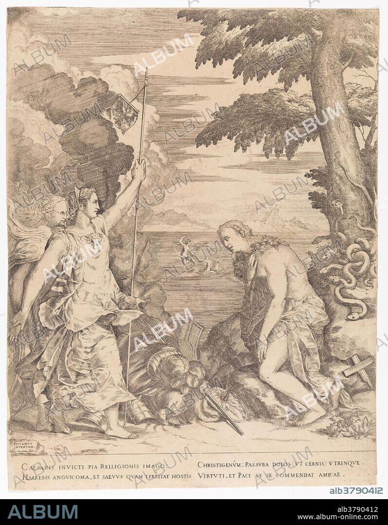 Giulio Fontana (Grabador) (Autor de la obra original Tiziano, Vecellio di Gregorio) / 'La Religión socorrida por el Imperio'. Hacia 1566. Aguafuerte, Buril sobre papel verjurado, 405 x 312 mm.