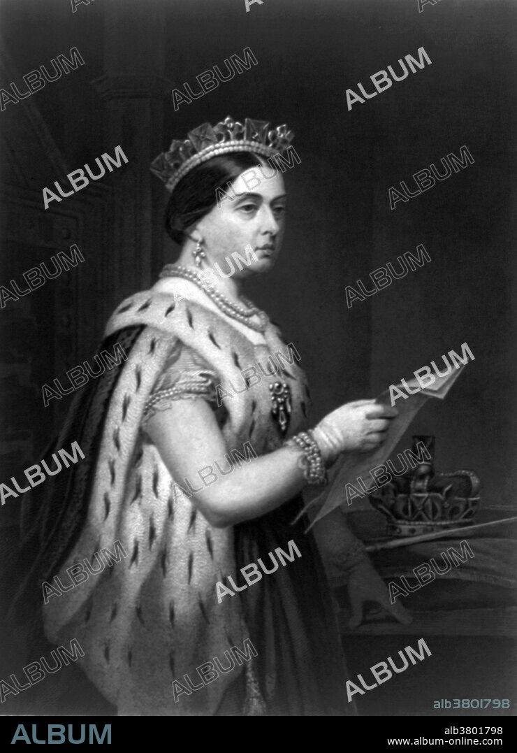 Victoria (May 24, 1819 - January 22, 1901) was Queen of the United Kingdom of Great Britain and Ireland. Her reign is known as the Victorian era. It was a period of industrial, cultural, political, scientific, and military change within the United Kingdom, and was marked by a great expansion of the British Empire. She was the last British monarch of the House of Hanover. Victoria was the daughter of Prince Edward, the fourth son of King George III. She inherited the throne aged 18, after her father's three elder brothers had all died, leaving no surviving legitimate children. The United Kingdom was already an established constitutional monarchy, in which the sovereign held relatively little direct political power. Victoria married her first cousin, Prince Albert in 1840. Their nine children married into royal and noble families across the continent, tying them together and earning her the sobriquet "the grandmother of Europe". She died in 1901 at the age of 81. With a reign of 63 years, seven months and two days, Victoria was the longest-reigning British monarch and the longest-reigning queen regnant in world history until her great-great-granddaughter Elizabeth II surpassed her on September 9, 2015. Steel engraving by Johnson, Fry & Company, 1870.
