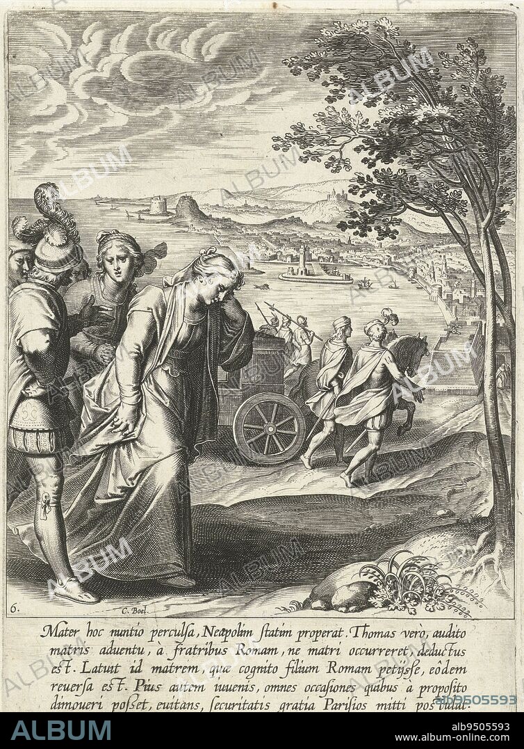 The mother of St. Thomas Aquinas is looking for her son in the city of Naples. However, he has already travelled on to Rome. Print from a series of 30 prints depicting the life story of Thomas Aquinas. The prints, designed and published by Otto van Veen, were made by C. Boel, E. van Paenderen, C. Galle and G. Swanenburgh, Thomas mother in search of him in Naples The life of St. Thomas Aquinas (series title), print maker: Cornelis Boel, (mentioned on object), intermediary draughtsman: Otto van Veen, publisher: Otto van Veen, print maker: Southern Netherlands, publisher: Antwerp, 1610, paper, engraving, h 209 mm × w 148 mm.