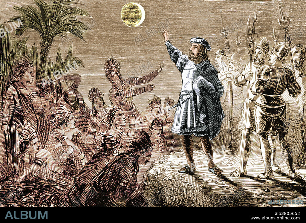 Image taken from page 273 of The Romance of Spanish History with Illustrations by John Stevens Cabot Abbott, 1869. A total lunar eclipse occurred on March 1, 1504 (visible on the evening of February 29 in the Americas). Christopher Columbus, in an effort to induce the natives of Jamaica to continue provisioning him and his hungry men, successfully intimidated the natives by correctly predicting a lunar eclipse for February 29, 1504, using the Ephemeris of the German astronomer Regiomontanus. The lunar eclipse and the red Moon appeared on schedule, and the indigenous people were impressed and frightened. He timed the eclipse with his hourglass, and shortly before the totality ended after 48 minutes, he told the frightened indigenous people that they were going to be forgiven. When the Moon started to reappear from the shadow of the Earth, he told them that his god had pardoned them.