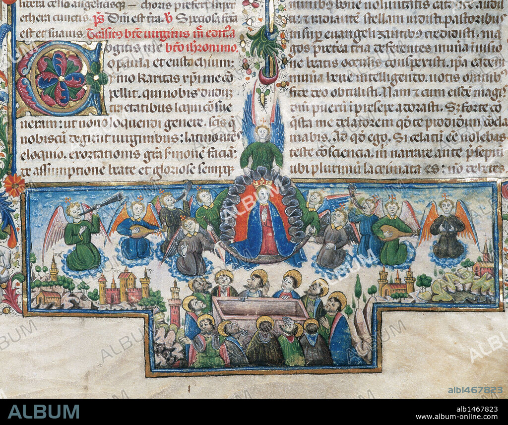MAESTRO DE BURGO DE OSMA. ARTE GOTICO. (INICIOS). ESPAÑA. "BREVIARIO DEL OBISPO MONTOYA". (Pedro Garcia de Montoya, Obispo de Osma hacia 1456-74). "CODICE. CALENDARIO LITURGICO". Pergamino. Tamaño 430 x 340 x 110 mm. Letra gótica. "LA ASUNCIÓN DE LA VIRGEN". Miniatura al pie del fólio 159v. Obra del MAESTRO DE OSMA. "Scriptórium" del Monasterio de San Jerónimo de Guijosa (Soria). Archivo Capitular de El Burgo de Osma. Provincia de Soria.