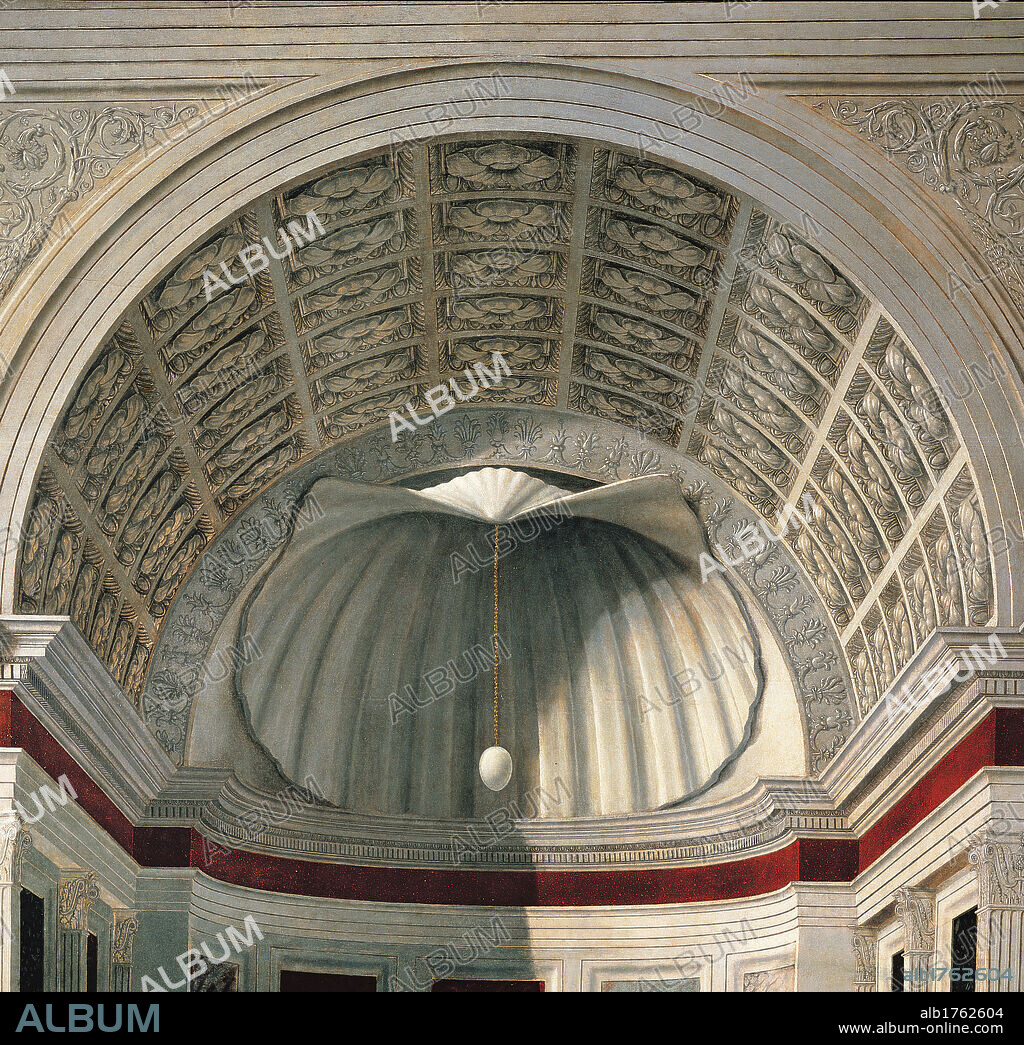 Montefeltro Altarpiece, by Pietro di Benedetto dei Franceschi known as Piero della Francesca, 1472-1474, 15th Century, oil and tempera on panel, cm 248 x 170. Italy, Lombardy, Milan, Brera Art Gallery. Detail. The top part of the architectural background, with a lacunar barrel vault and a concha to which an egg is hung. Authorization required for non editorial use.