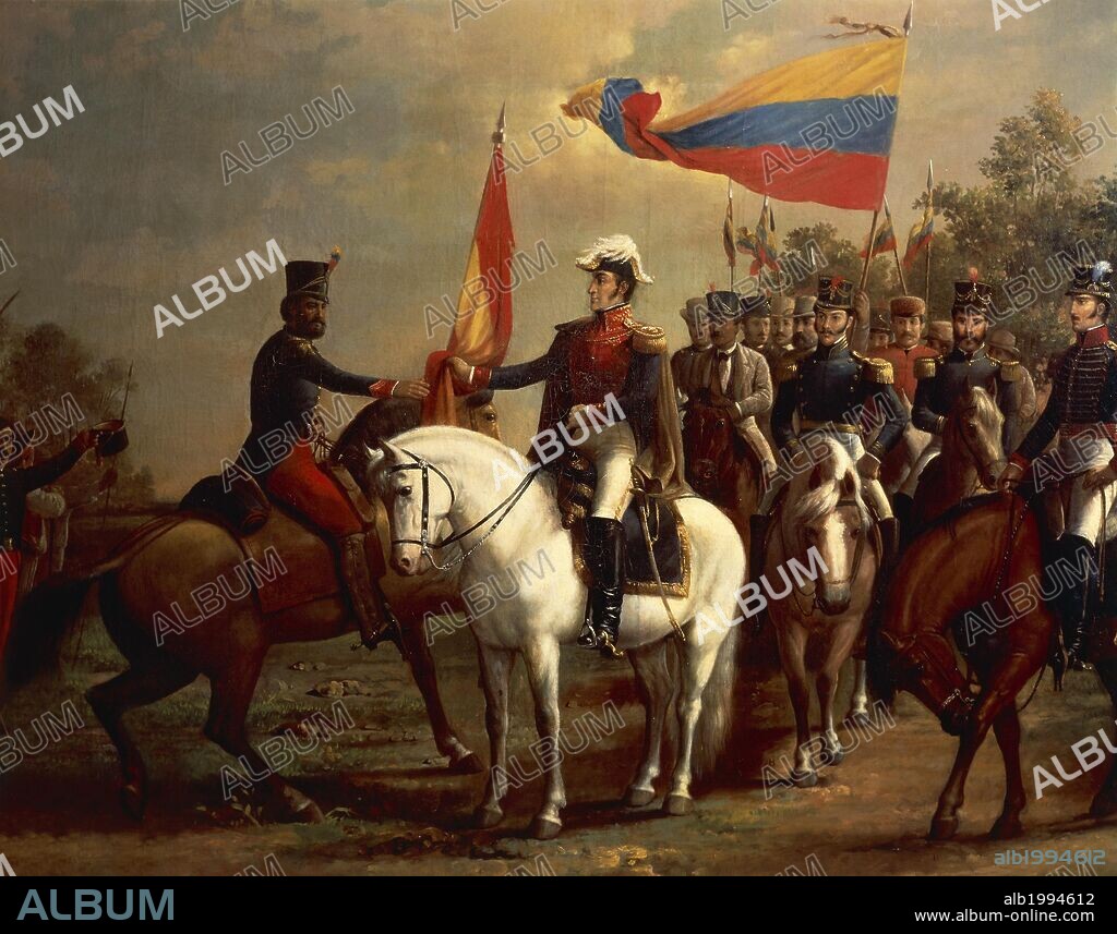 Simon Bolivar honoring the flag after the Battle of Carabobo, June 24, 1821, by Arturo Michelena (1863-1898),1883. Detail. Spanish-American wars of independence, Venezuela, 19th century.