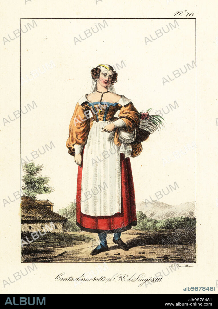 Costume of a French peasant, 17th century. In cap and veil, laced bodice, full sleeves, wide collar, skirts and apron, with basket of flowers. Paysanne sous le Regne de Louis XIII. Handcoloured lithograph by Lorenzo Bianchi and Domenico Cuciniello after Hippolyte Lecomte from Costumi civili e militari della monarchia francese dal 1200 al 1820, Naples, 1825. Italian edition of Lecomtes Civilian and military costumes of the French monarchy from 1200 to 1820.