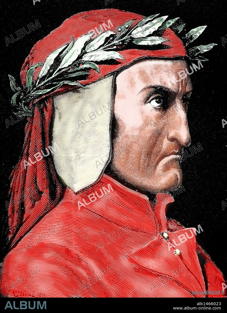 PAUL GUSTAVE DORÉ (basado en). DANTE ALIGHIERI (Florencia,1265-Ravena,1321). Poeta italiano creador de "La Divina Comedia" (1307-1321), poema escrito en toscano donde se relata el viaje de Dante para llegar a la contemplación divina. Grabado de Pannemaker. Coloreado.