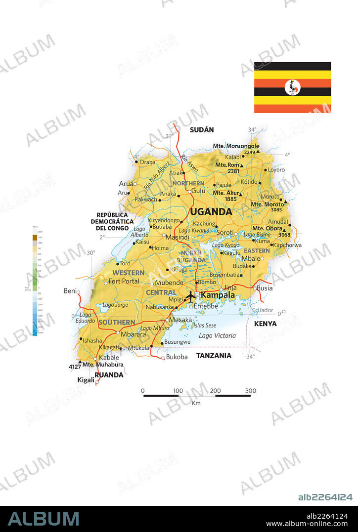 Uganda. Mapa físico y político de Uganda.