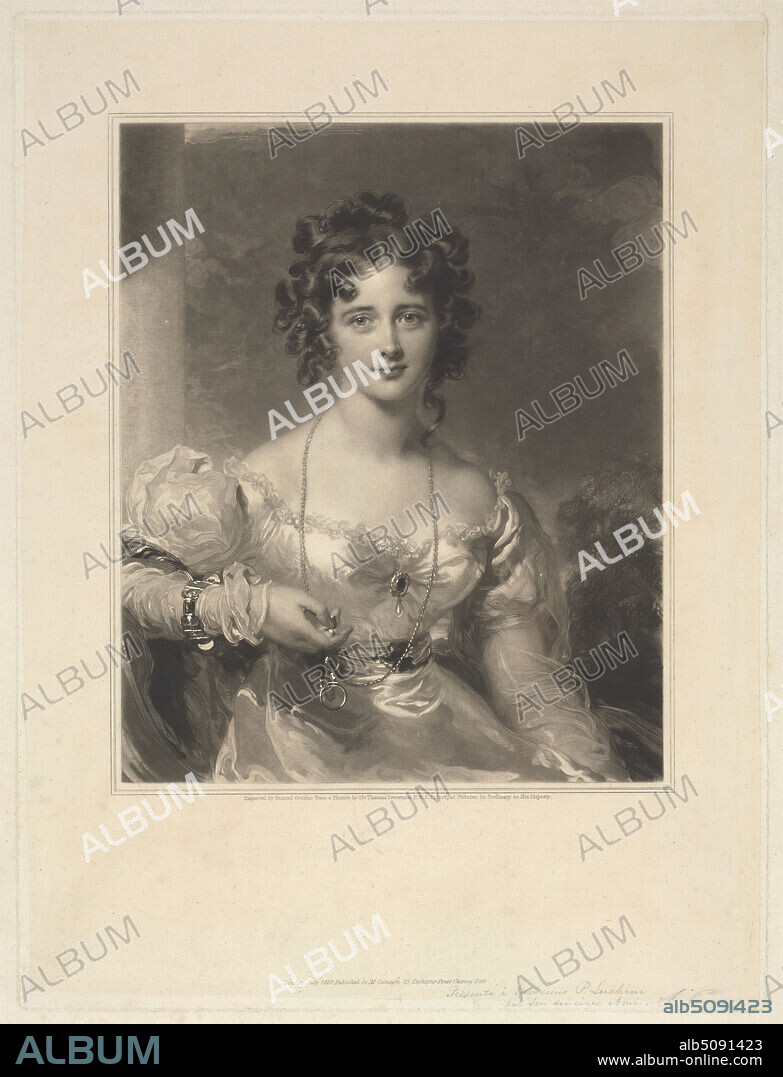 Miss Croker, Print made by Samuel Cousins, 18011887, British, after Sir Thomas Lawrence, 17691830, British, Published by M. Colnaghi, established 1760, active ca. 17851911, Italian, active in Britain, 1828, Mezzotint (first published state) on medium, slightly textured, cream wove paper, Sheet: 19 1/8 × 15 1/4 inches (48.6 × 38.7 cm), Plate: 14 × 10 1/2 inches (35.6 × 26.7 cm), Chine collé: 13 5/8 × 10 1/4 inches (34.6 × 26 cm), and Image: 9 1/4 × 7 5/8 inches (23.5 × 19.4 cm), bracelet, chemise, figure study, girl, pearls, waistband.