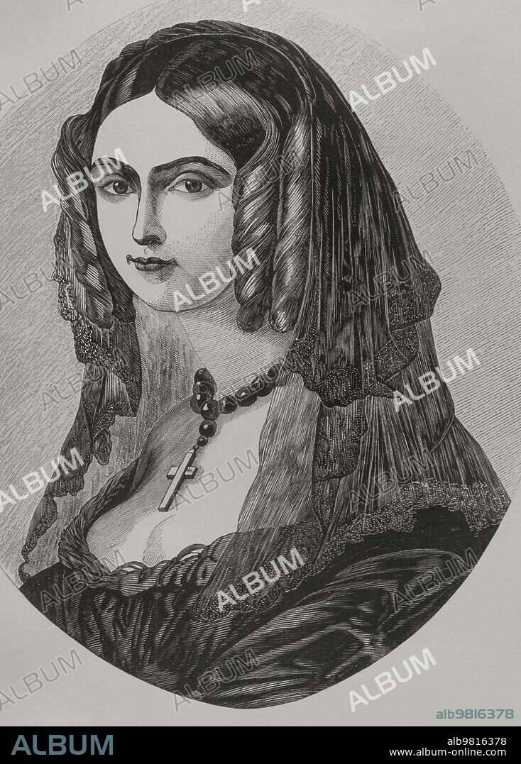 María Adelaida de Austria (1822-1855). Archiduquesa de Austria. Reina consorte de Cerdeña (1849-1855) por su matrimonio el 12 de abril de 1842 con Víctor Manuel de Saboya. Retrato. Grabado. Los Héroes y las Grandezas de la Tierra. Tomo V. 1855.