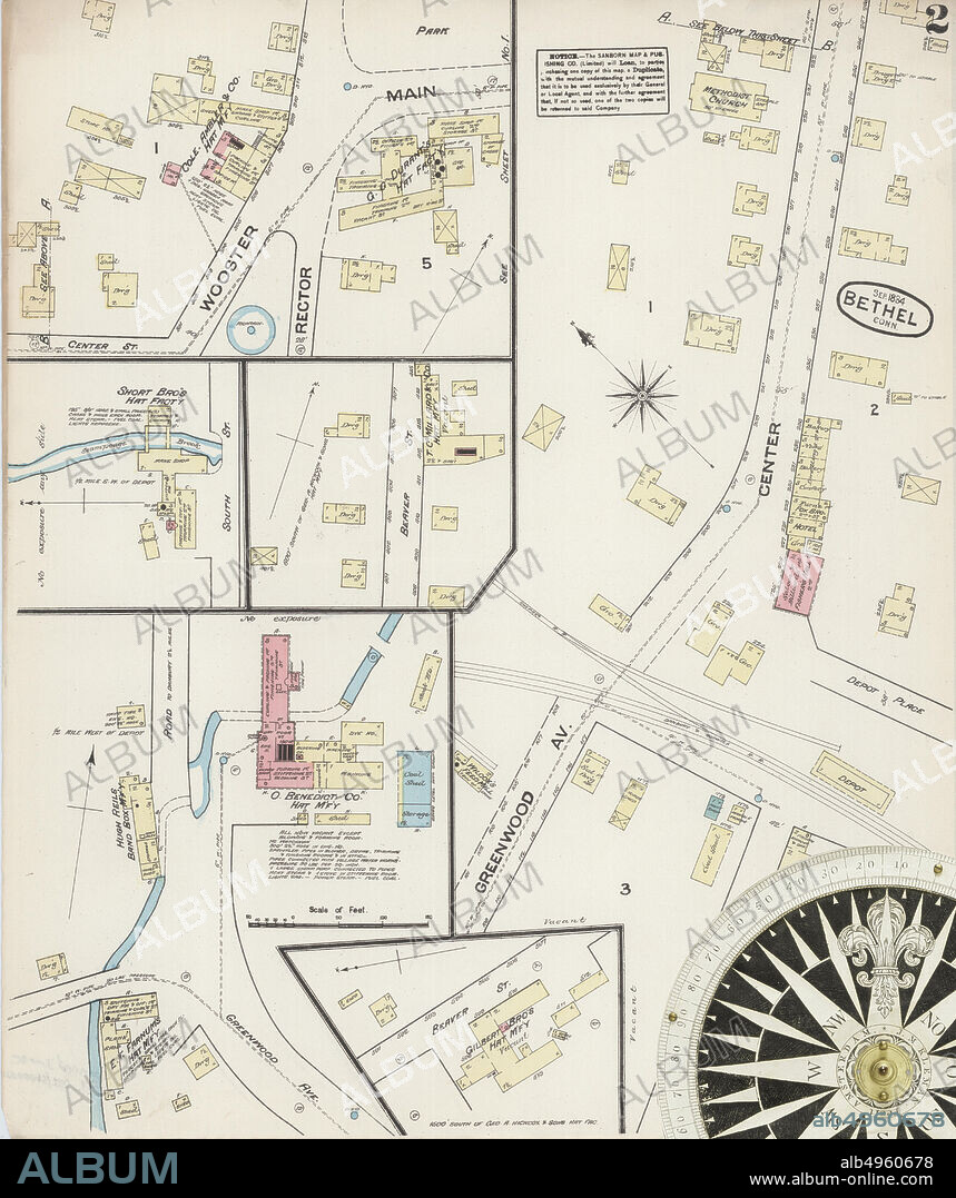 Image 2 of Sanborn Fire Insurance Map from Bethel, Fairfield County, Connecticut. Sep 1884. 2 Sheet(s), America, street map with a Nineteenth Century compass.