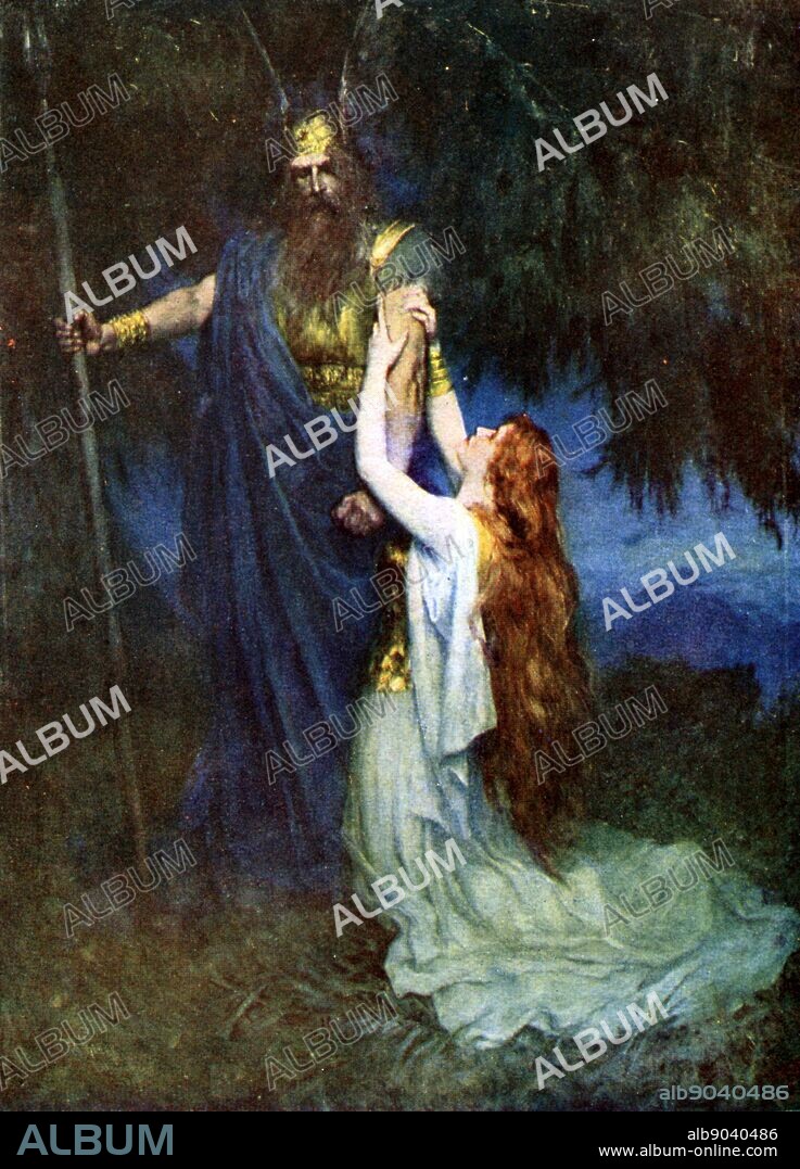 Brunhilde foremost of the Valkyries, daughter of Wotan and Erda, pleading with her father. Illustration for the opera 'Die Walkure' by Richard Wagner.